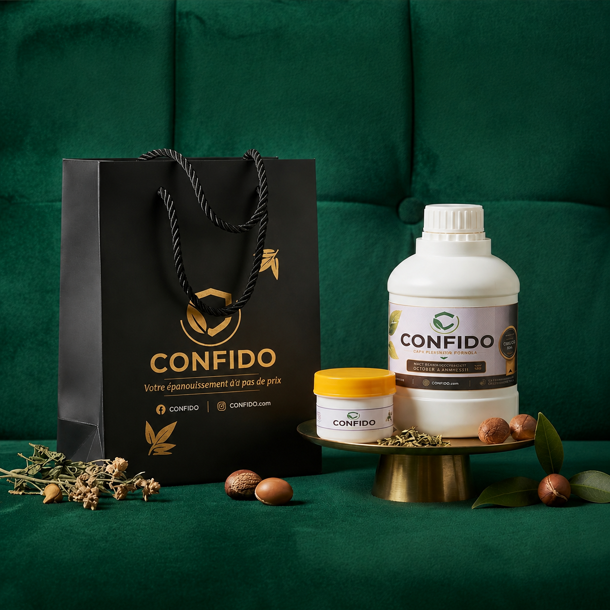 Pack Duo Confido — sac cadeau noir, bidon Confido 100% naturel et pot de gel retardant naturel sur socle doré